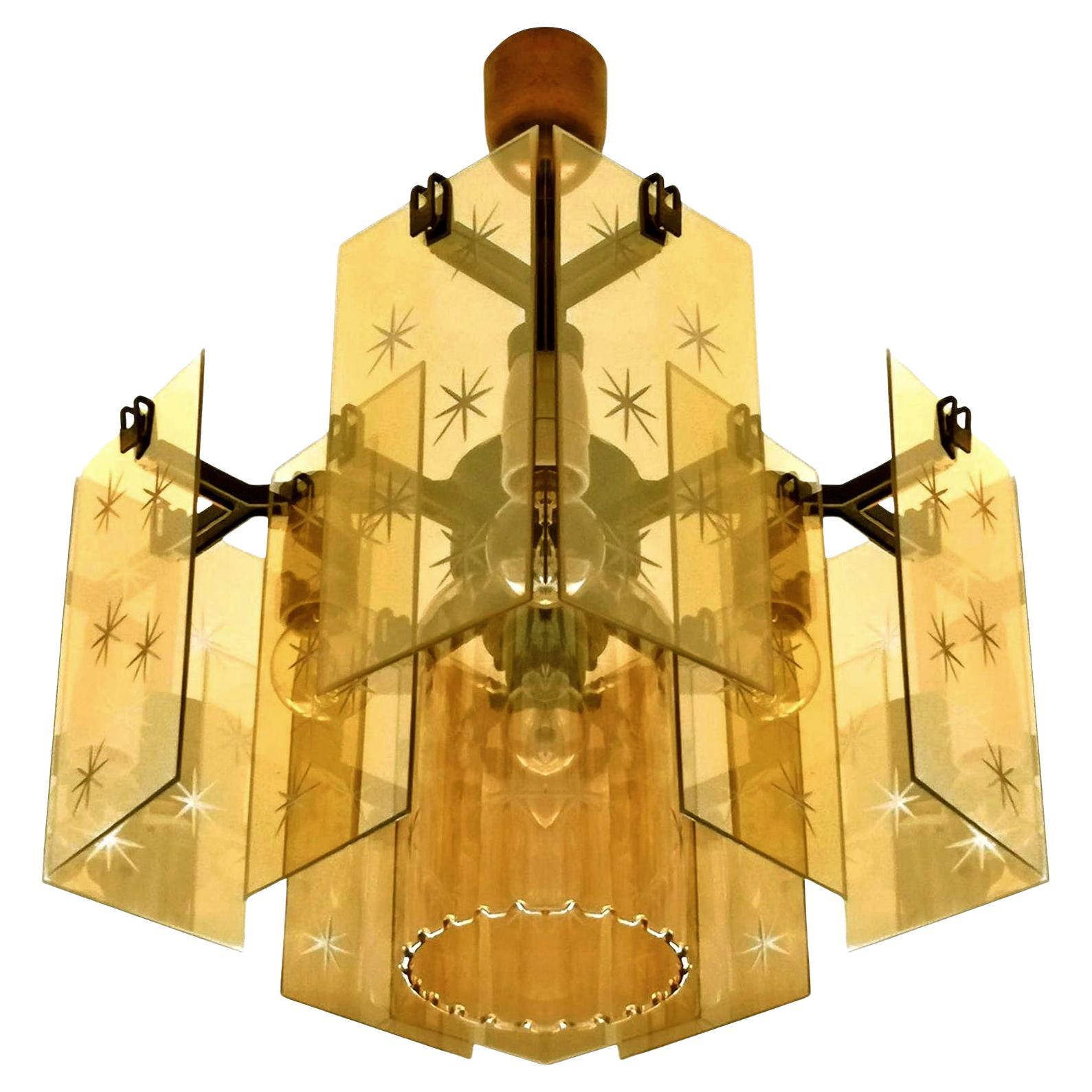 Lampadario in stile Fontana in vetro tagliato ambra fumé e oro, italiano, di metà secolo.