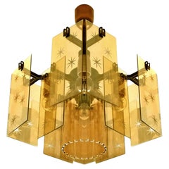 Lampadario in stile Fontana in vetro tagliato ambra fumé e oro, italiano, di metà secolo.