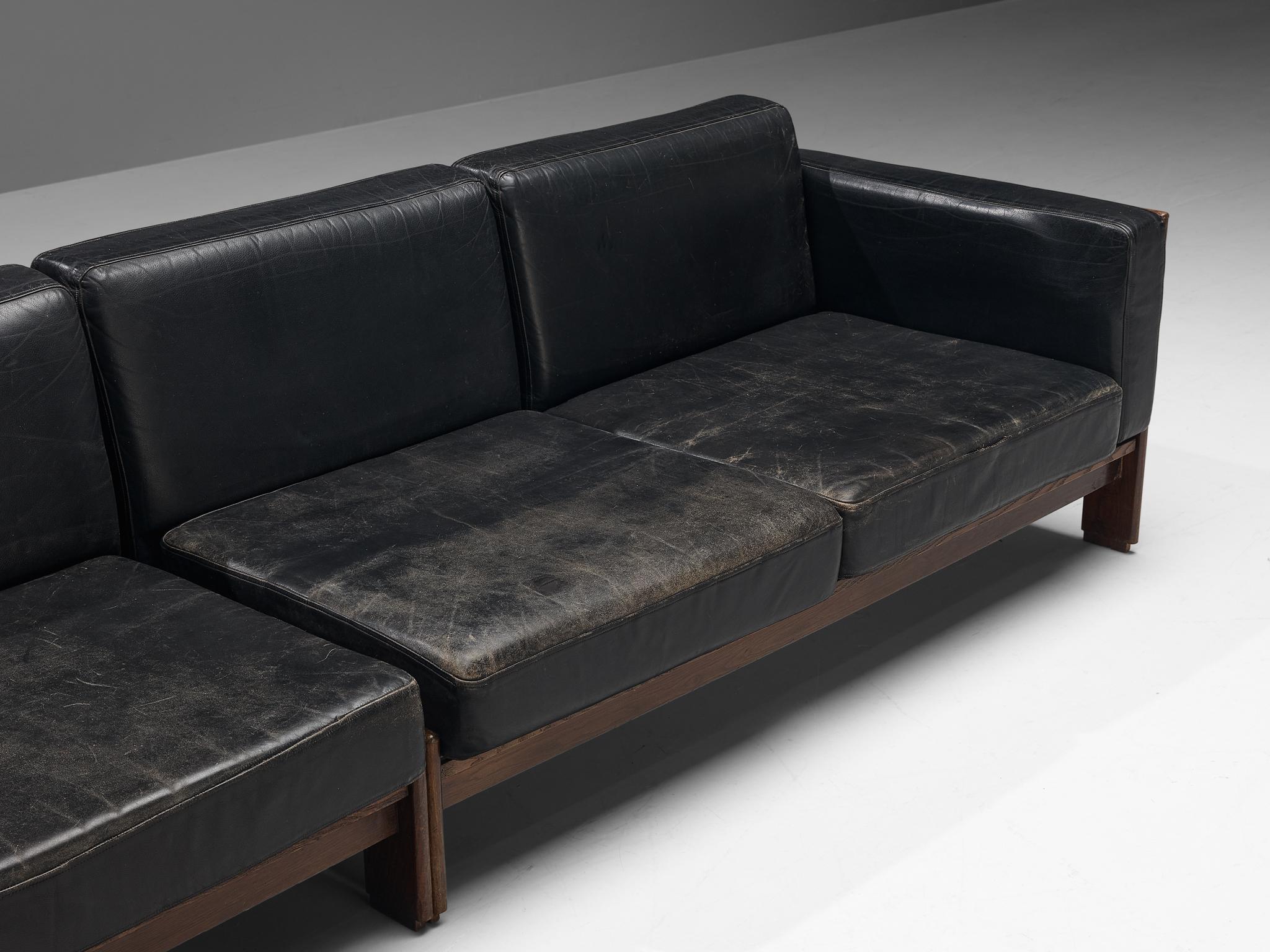 European Italian Mid-Century Modern Sofa in Ash and Black Leather  For Sale
