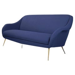 Used Italian Mid-Century Modern Sofa in Blue Fabric and Brass, 1950s