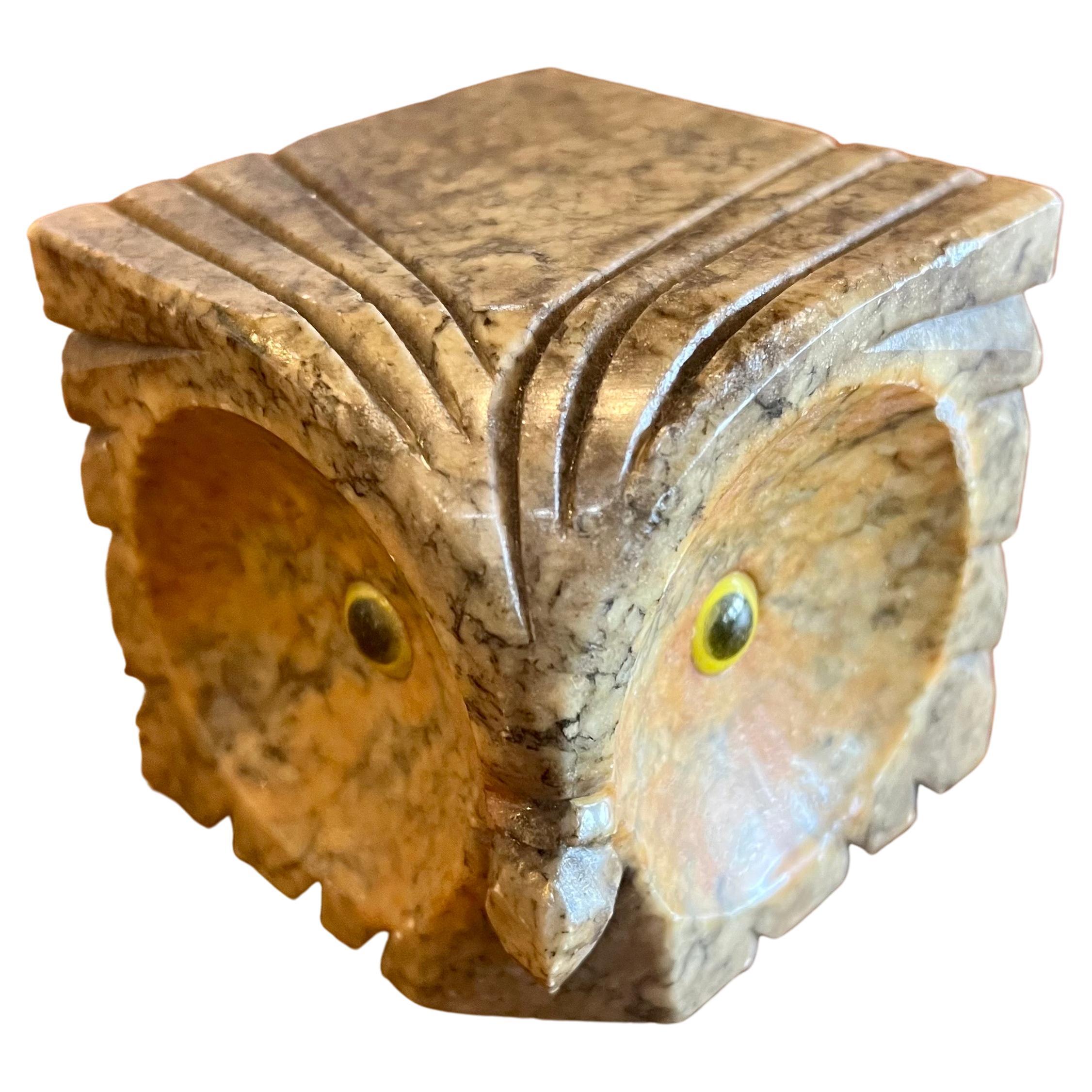 Italian Mid-Century Modern Solid Alabaster Owl Sculpture Paperweight For Sale
