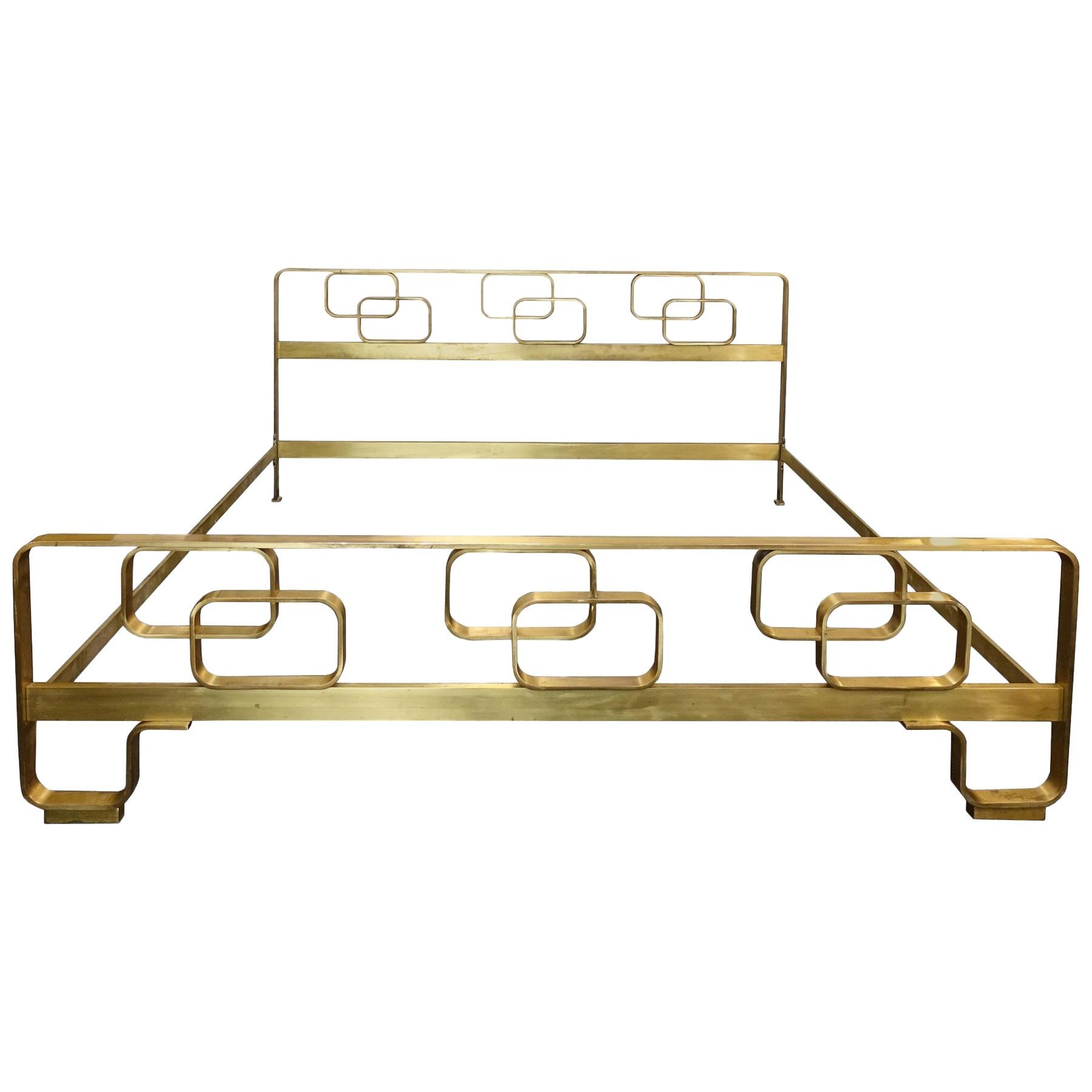 Italian Mid-Century Modern Solid Brass Bed With Geometrical Motives from 1960s