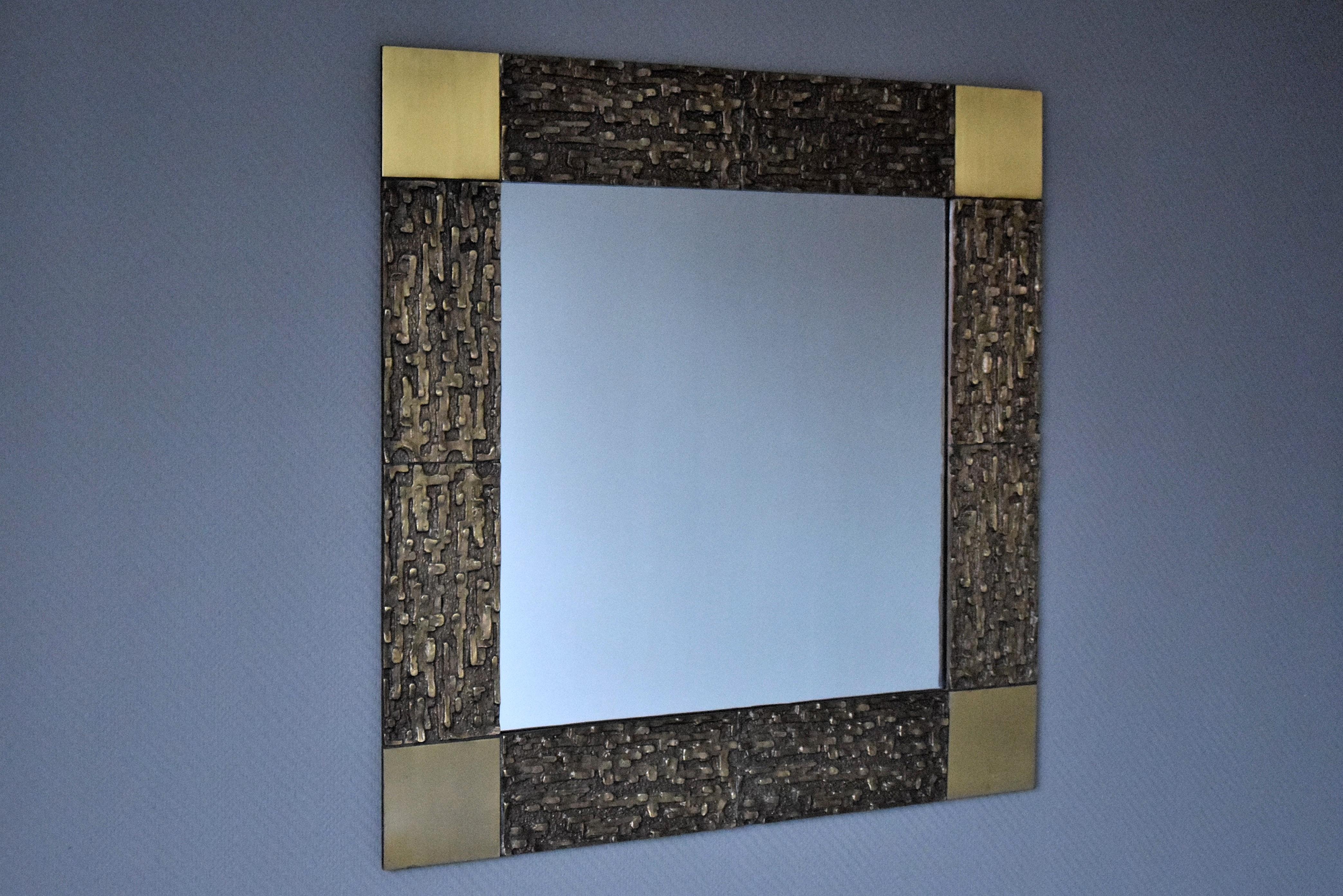Italian Mid-Century Modern Solid Bronze Square Mirror For Sale 2