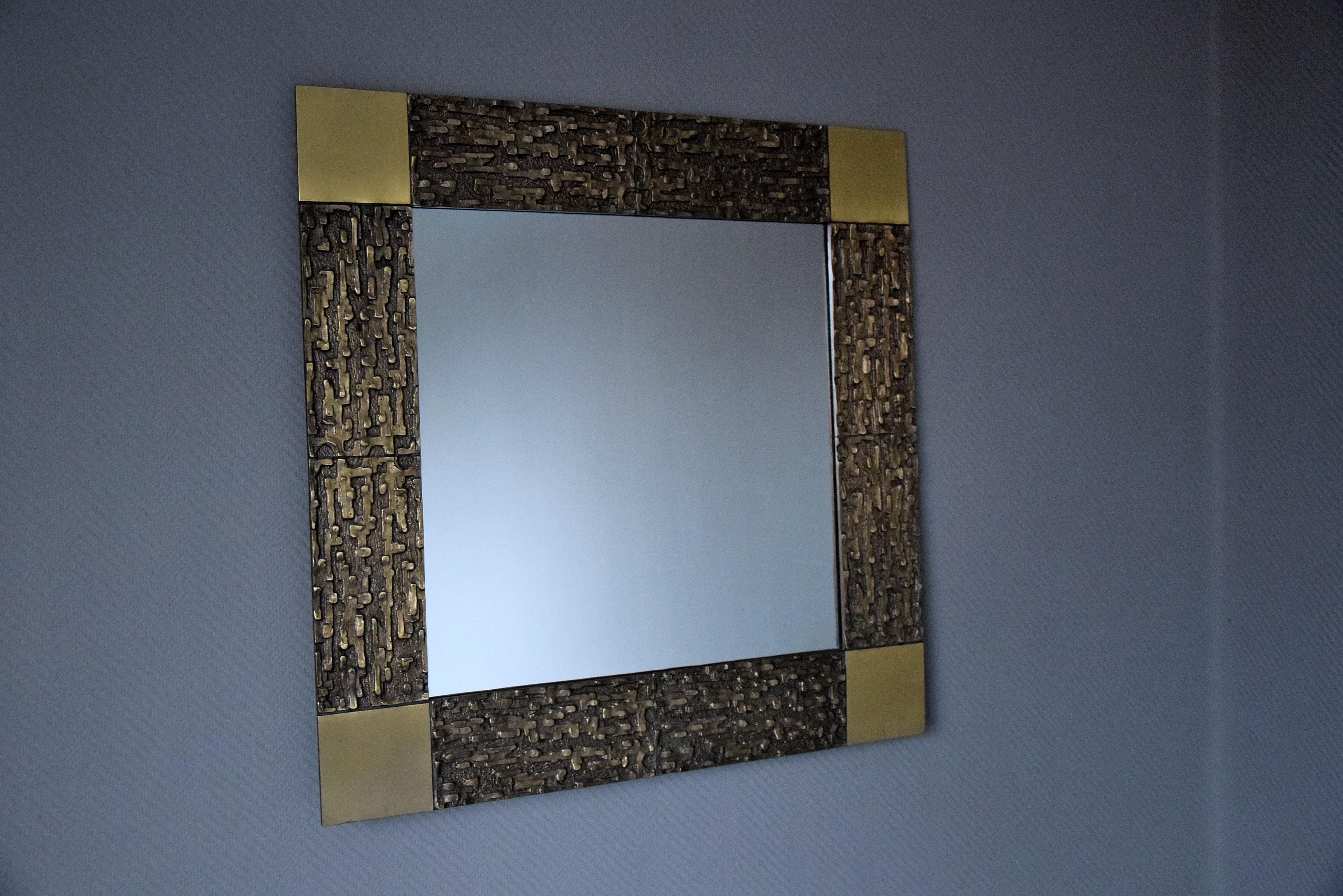 Italian Mid-Century Modern Solid Bronze Square Mirror For Sale 4