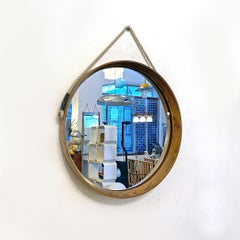 Italian Mid-Century Modern Solid Oak, Brass and Rope Round Mirror, 1960s