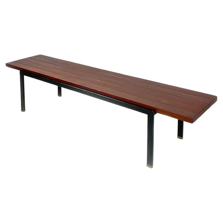 Italian Mid-Century Modern Solid Wood, Black Metal Brass Medium Size Bench 1960s