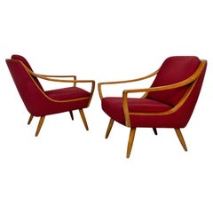 Italian Mid-Century Modern Solid Wood Bordeaux Cotton Armchairs by Knoll 1960s