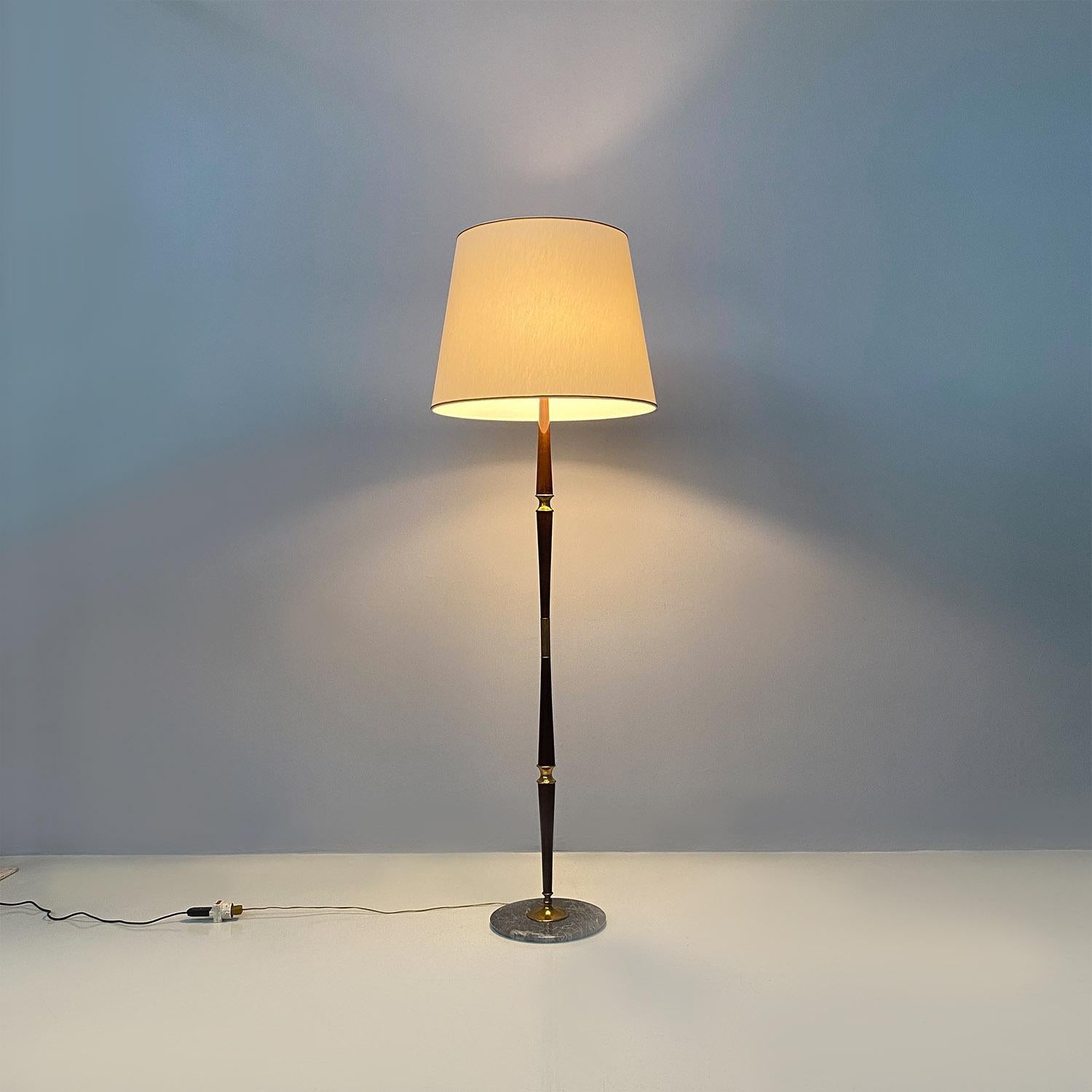 Mid-20th Century Italian mid century modern solid wood, brass and white fabric floor lamp, 1940s