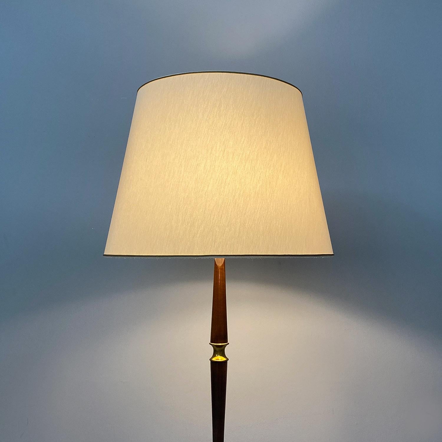 Brass Italian mid century modern solid wood, brass and white fabric floor lamp, 1940s