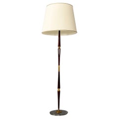 Vintage Italian mid century modern solid wood, brass and white fabric floor lamp, 1940s