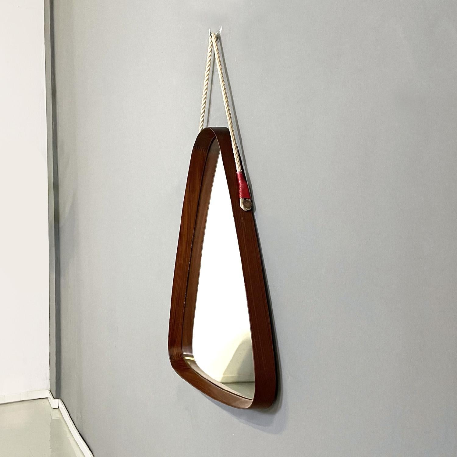 Mid-Century Modern Italian mid-century modern solid wood triangular wall mirror with cord, 1960s