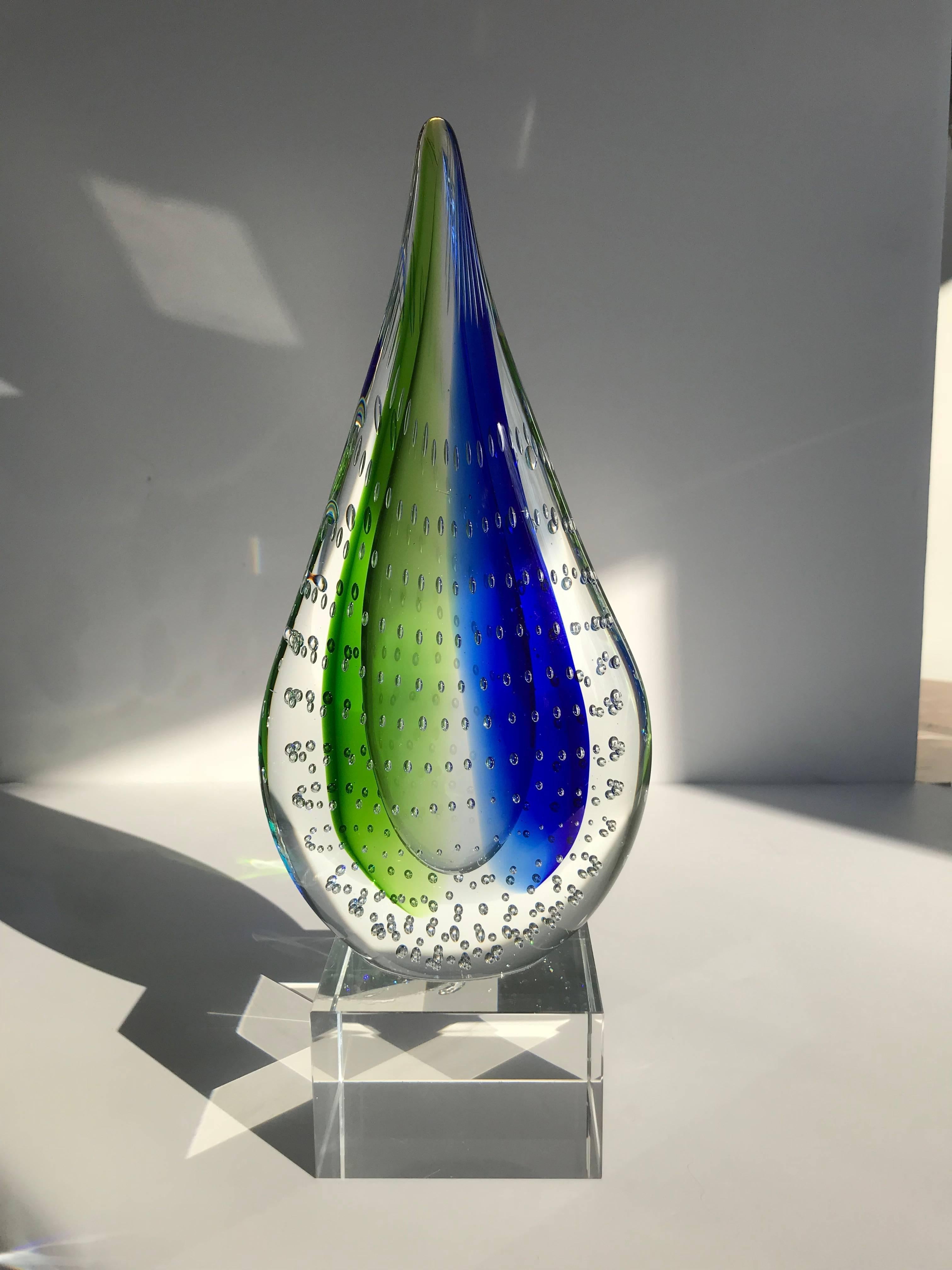 Italian Teardrop Sculpture in Green and Blue Sommerso Blown Glass, circa 1980s