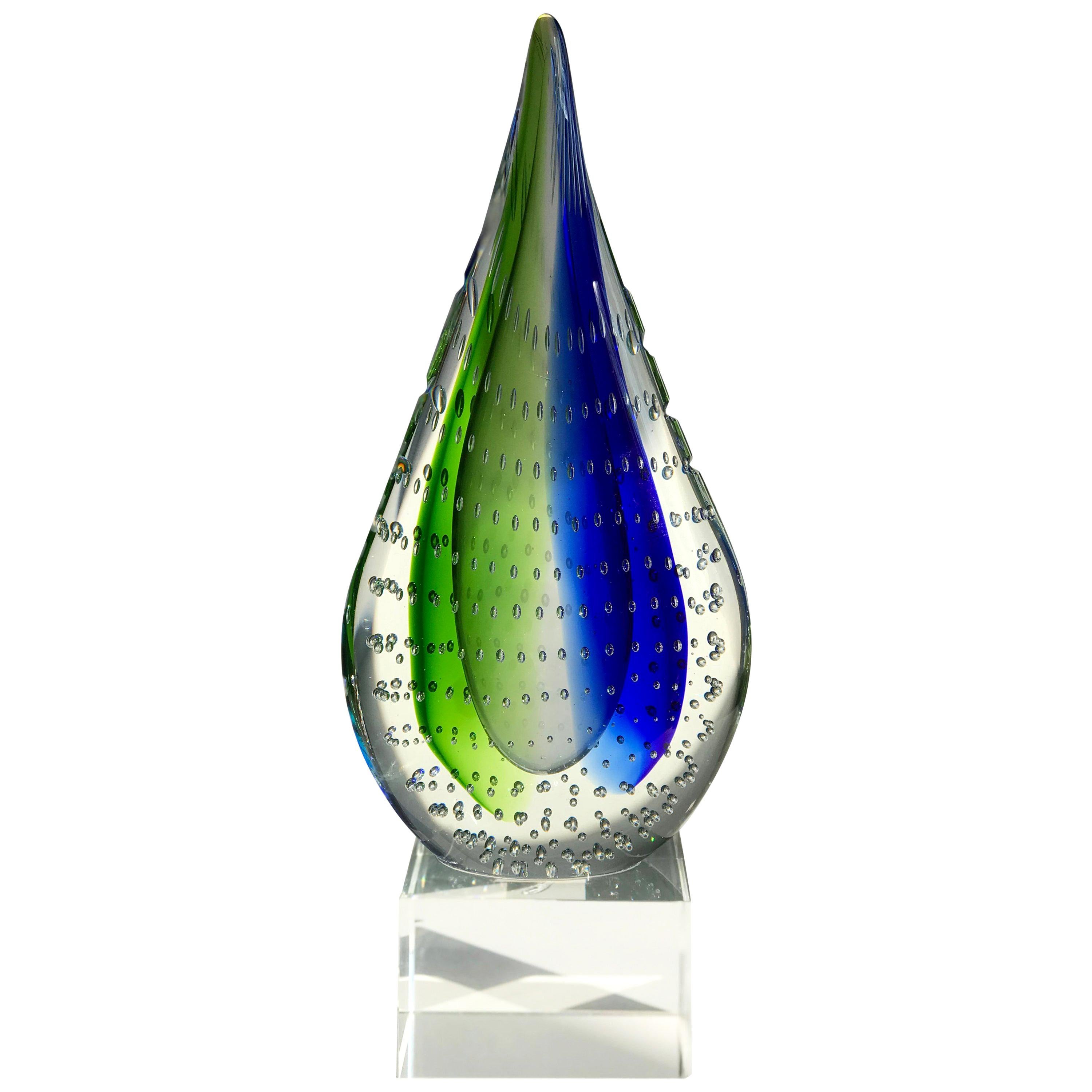 Teardrop Sculpture in Green and Blue Sommerso Blown Glass, circa 1980s