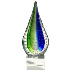 Sculpture en forme de goutte d'eau en verre soufflé vert et bleu Sommerso, vers 1980