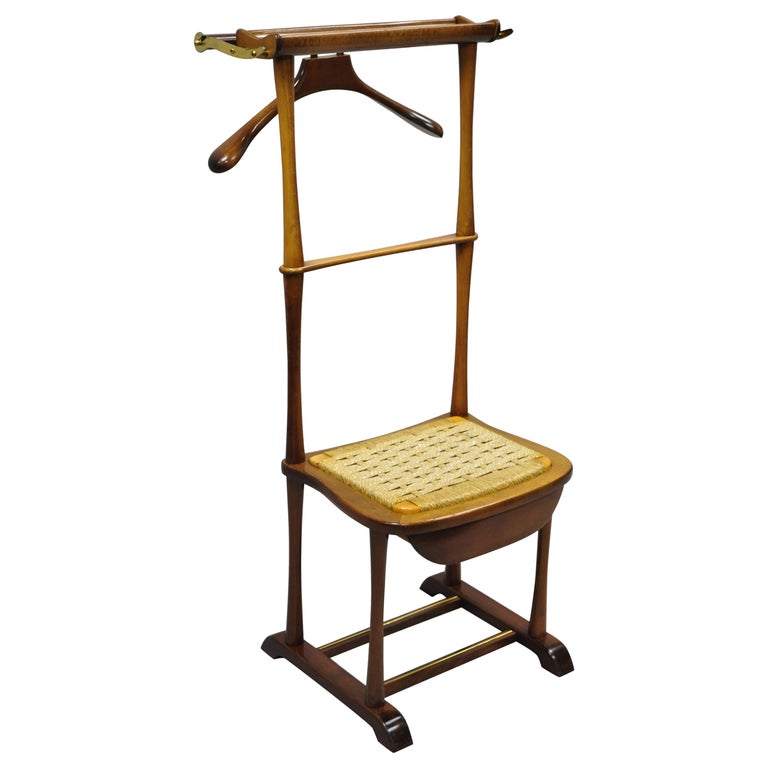 Italian Mid-Century Modern SPQR Birch, Brass Clothing Valet Suit Stand Chair