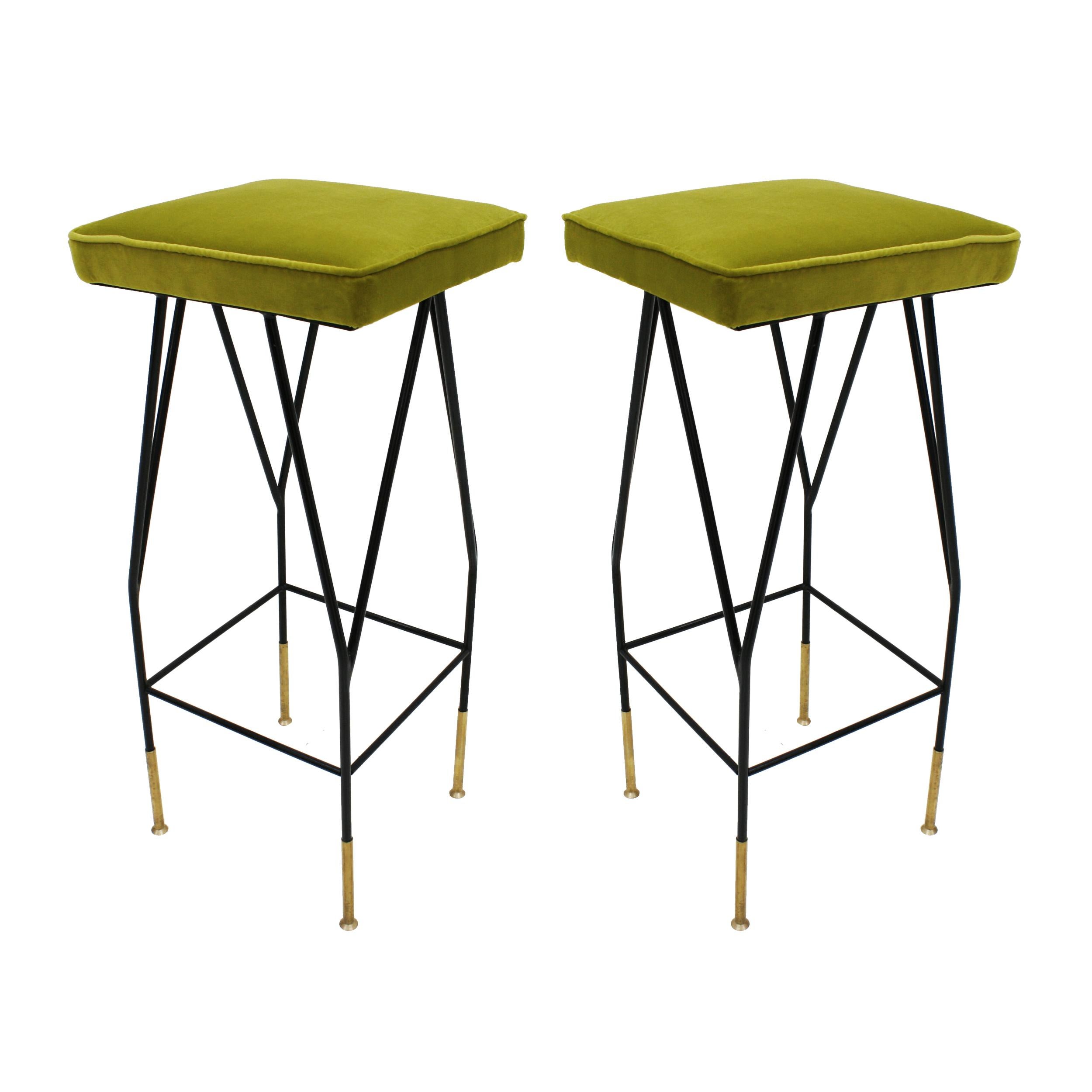 Modern square Italian stool. Made of black lacquered iron structure finished in brass details legs. Square seat made of solid wood upholstered in lime green plain cotton velvet.

Every item LA Studio offers is checked by our team of 10 craftsmen in