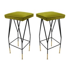 Italian Mid-Century Modern Square Black Lacquered Iron Lime Cotton Velvet Stool