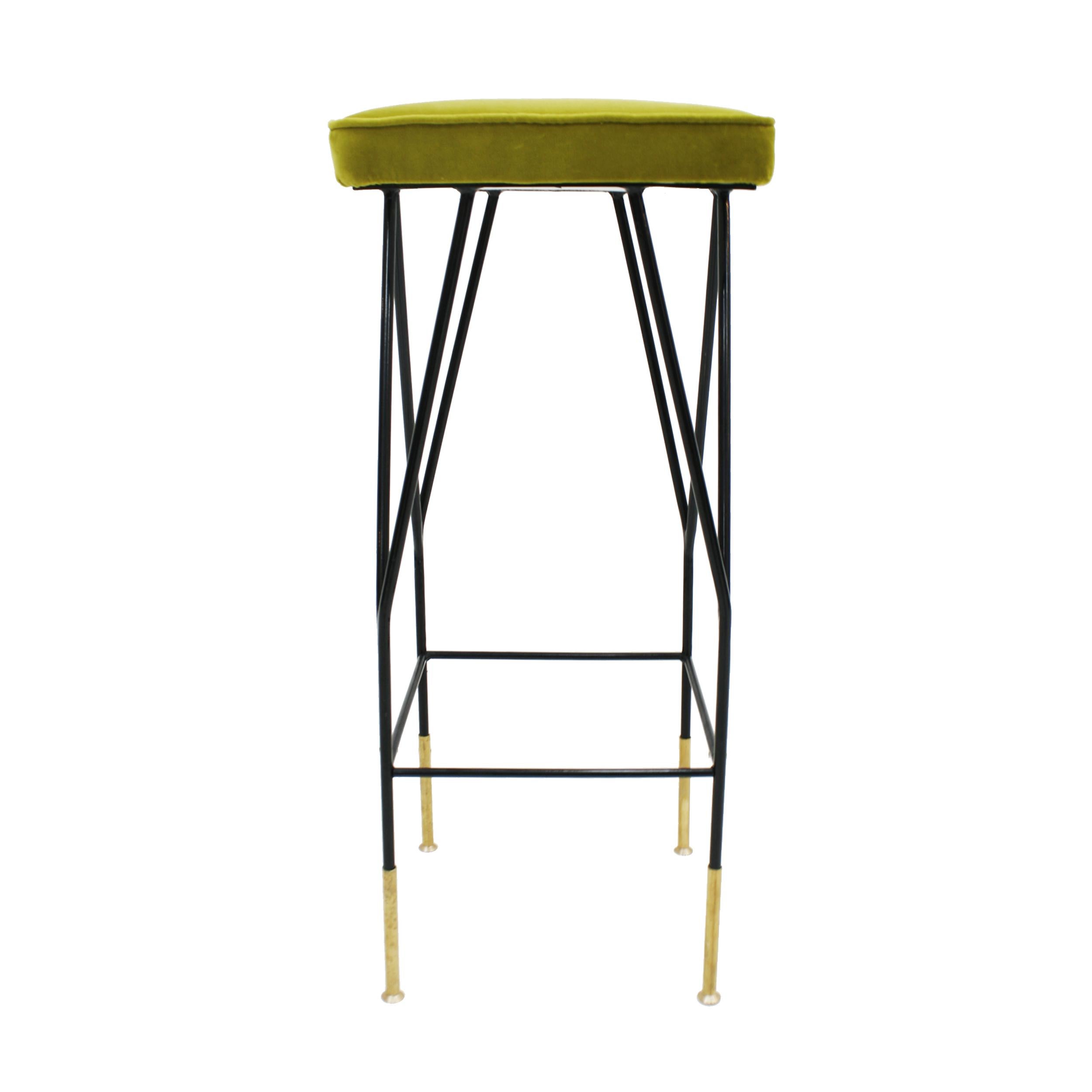 Contemporary Italian Mid-Century Modern Square Black Lacquered Iron Lime Cotton Velvet Stool For Sale
