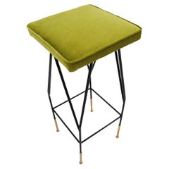 Italian Mid-Century Modern Square Black Lacquered Iron Lime Cotton Velvet Stool