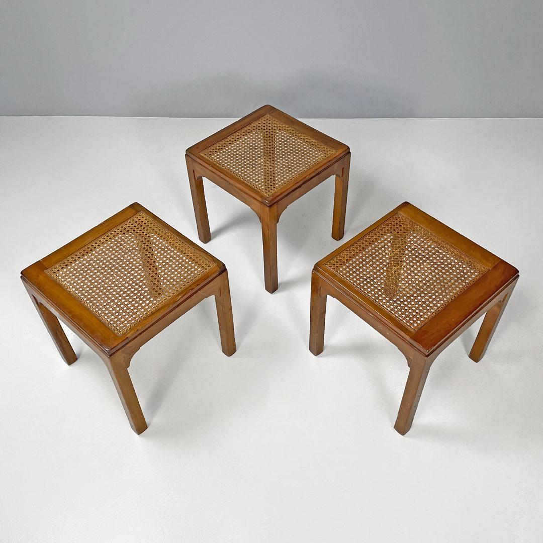 Mid-Century Modern Italian mid-century modern square stools in wood and Vienna straw, 1960s For Sale