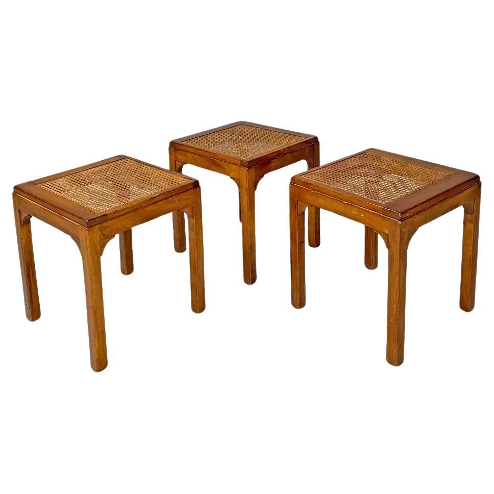 Italian mid-century modern square stools in wood and Vienna straw, 1960s