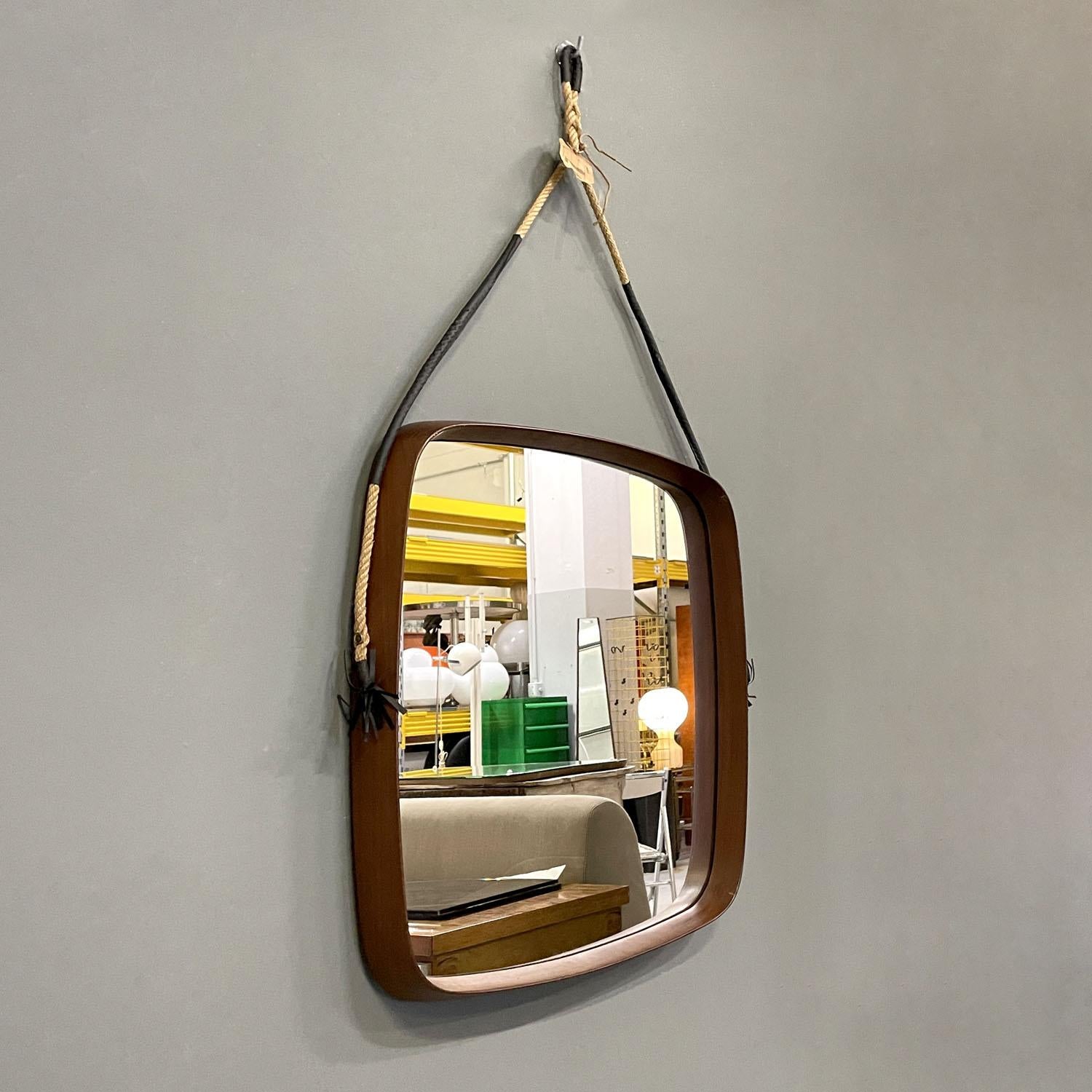 Mid-Century Modern Italian mid-century modern squared wooden wall mirror with rope, 1960s For Sale