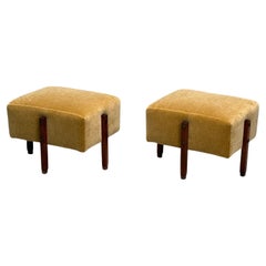 Italian Mid-Century Modern, Stained Wood, Camel Mohair, Ottomans, Italy, 1960s