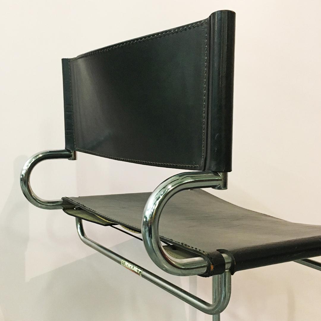 Italian Mid-Century Modern Steel Rod and Black Leather Chair by Arrmet, 1970s In Good Condition In MIlano, IT