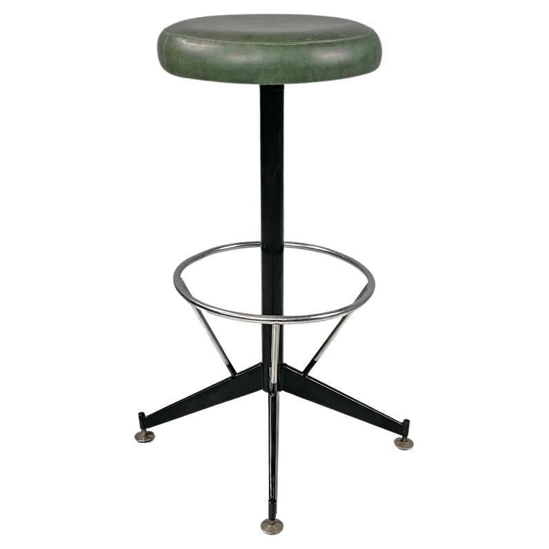 Italian mid-century modern stool in green faux leather and black metal, 1960s