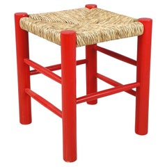 Italian mid-century modern stool in red wood and straw, 1970s