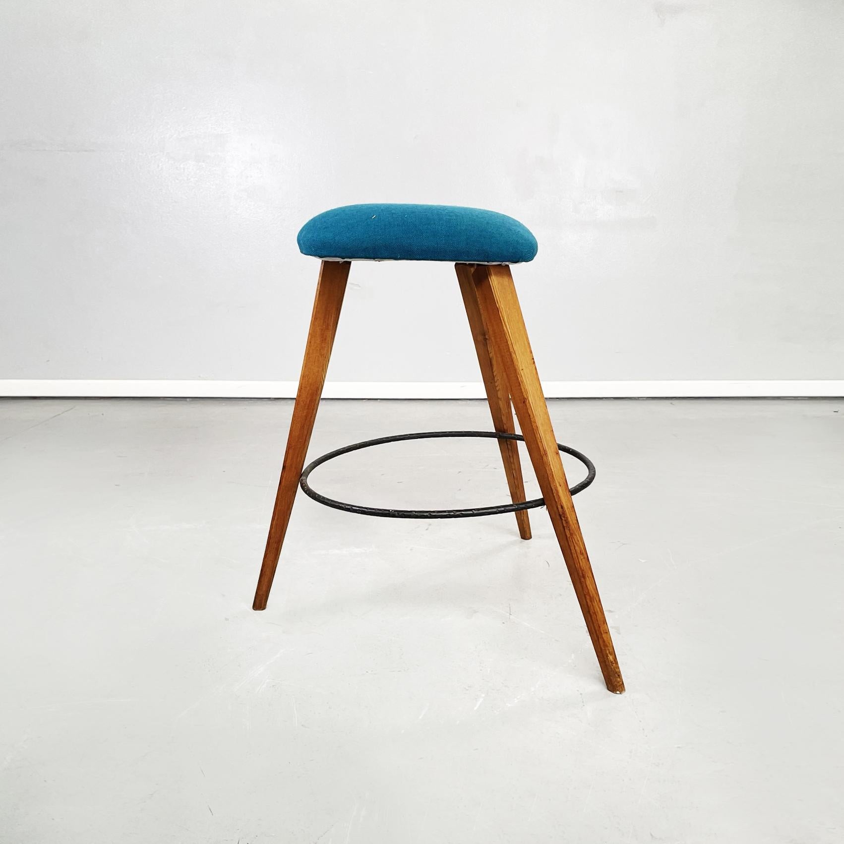 Italian Mid-Century Modern Stools in Wood, Black Iron and Blue Fabric, 1960s In Good Condition For Sale In MIlano, IT