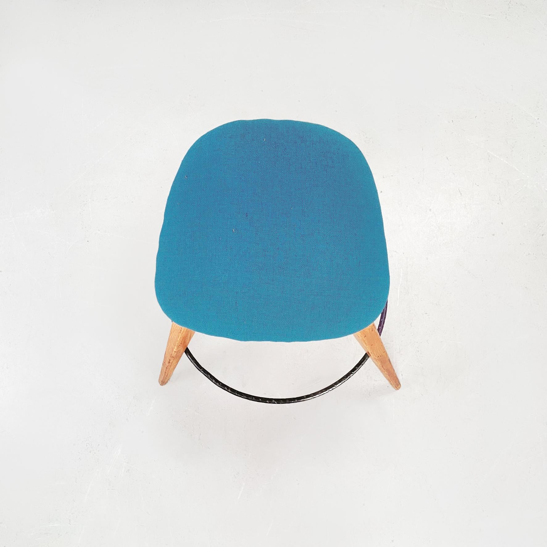 Mid-20th Century Italian Mid-Century Modern Stools in Wood, Black Iron and Blue Fabric, 1960s For Sale