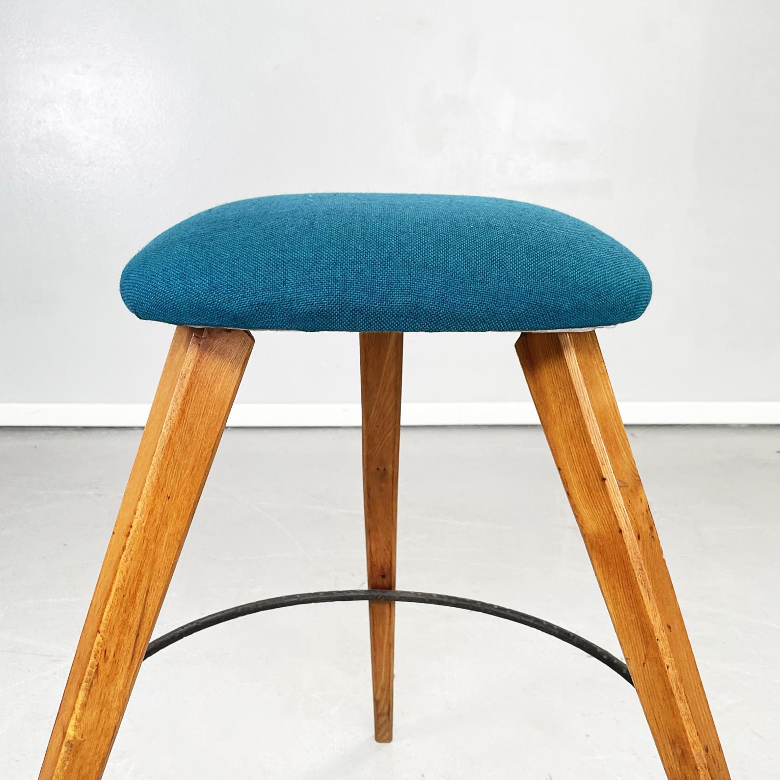 Italian Mid-Century Modern Stools in Wood, Black Iron and Blue Fabric, 1960s For Sale 1