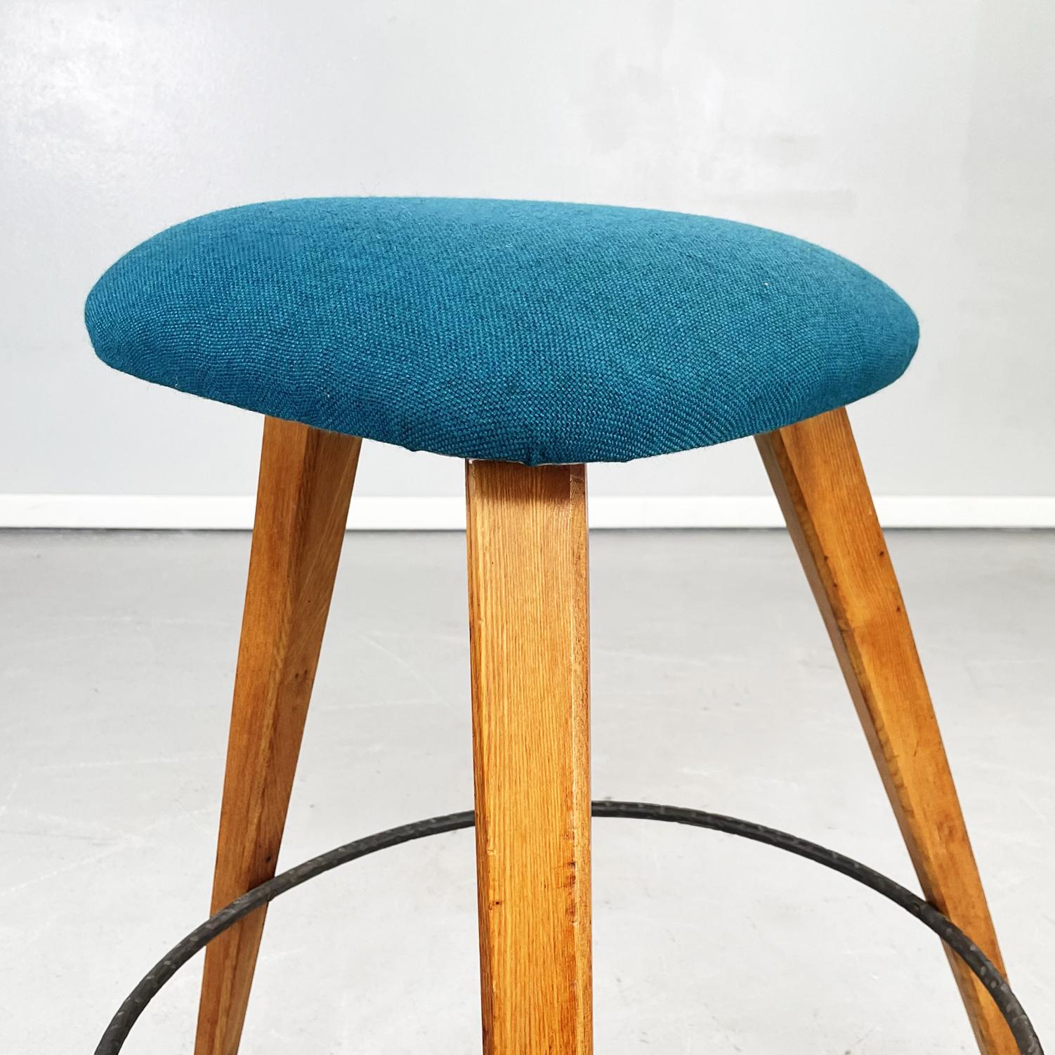 Italian Mid-Century Modern Stools in Wood, Black Iron and Blue Fabric, 1960s For Sale 2