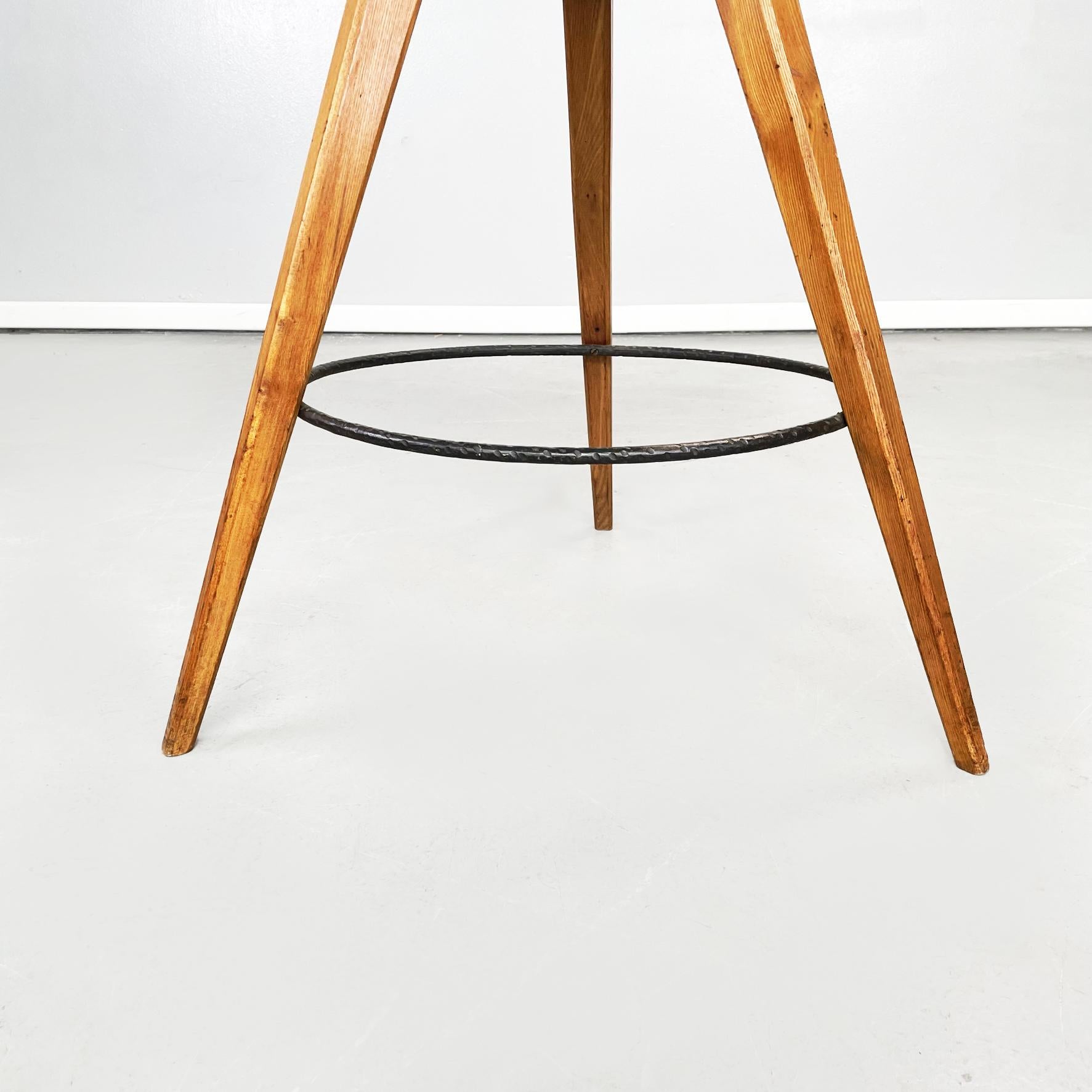 Italian Mid-Century Modern Stools in Wood, Black Iron and Blue Fabric, 1960s For Sale 4