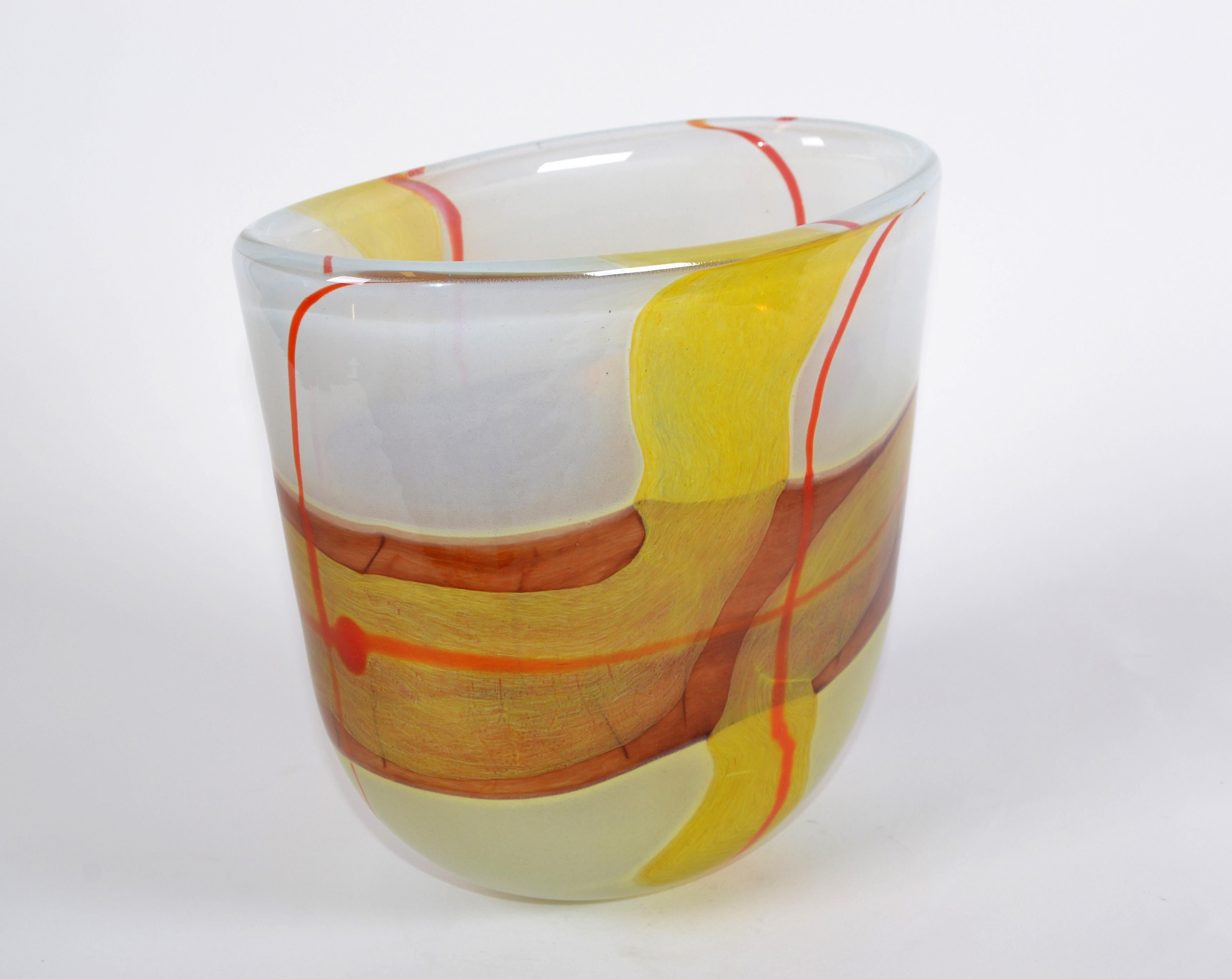 Italian Mid-Century Modern Striking Mustard Yellow & Red Blown Murano Glass Vase 6