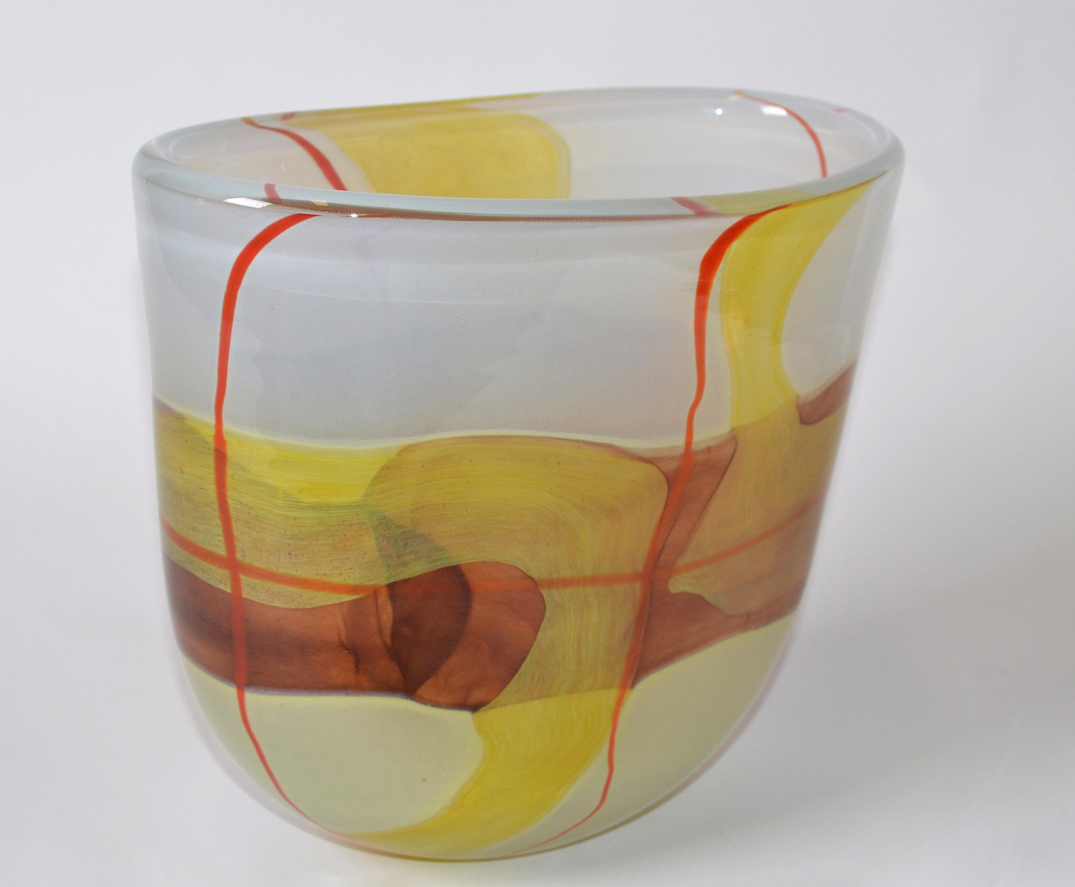 Mid-Century Modern striking mustard yellow and red blown Murano art glass vase from Italy.
This piece is very heavy and looks stunning from every angle.
   