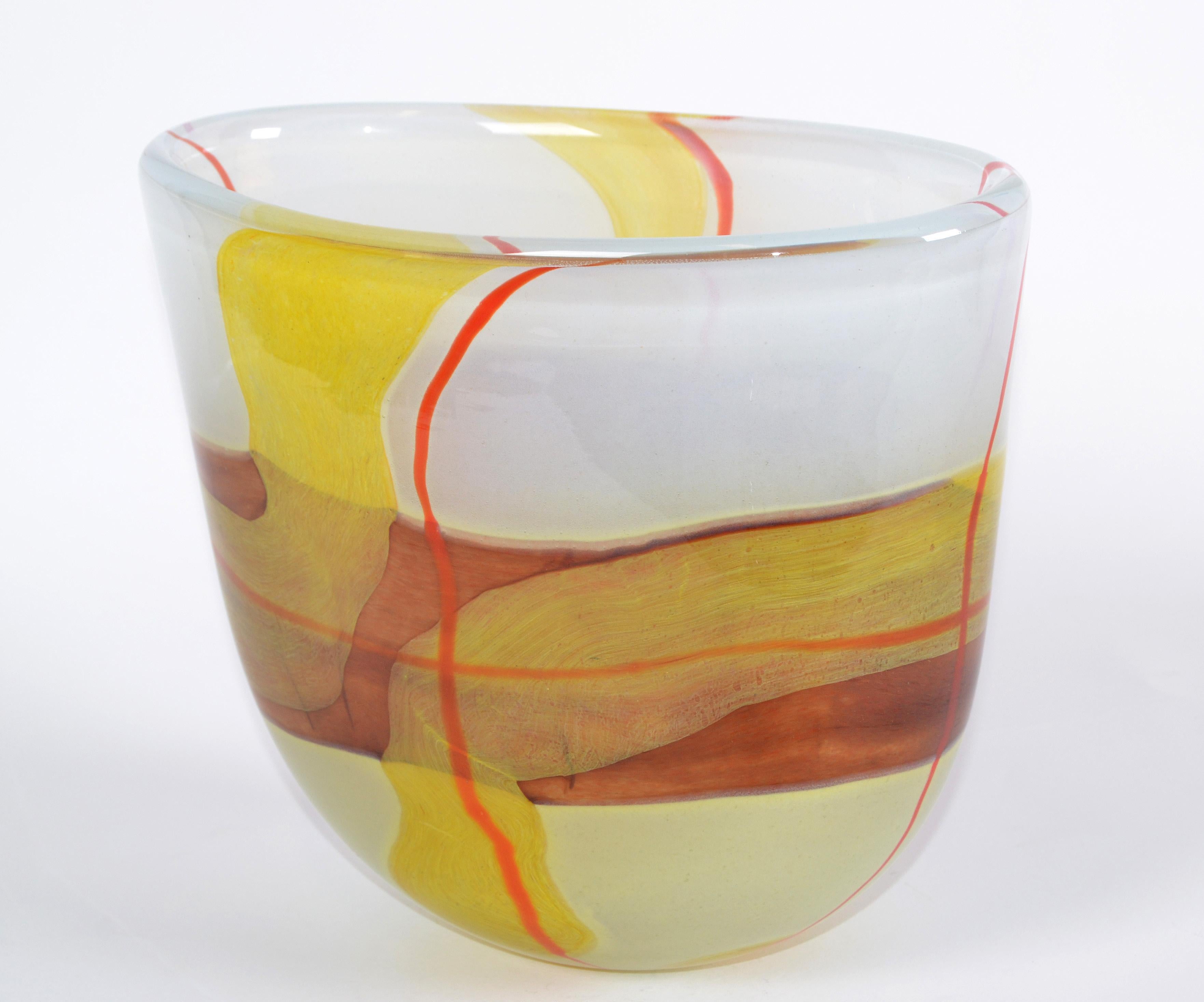 Hand-Crafted Italian Mid-Century Modern Striking Mustard Yellow & Red Blown Murano Glass Vase