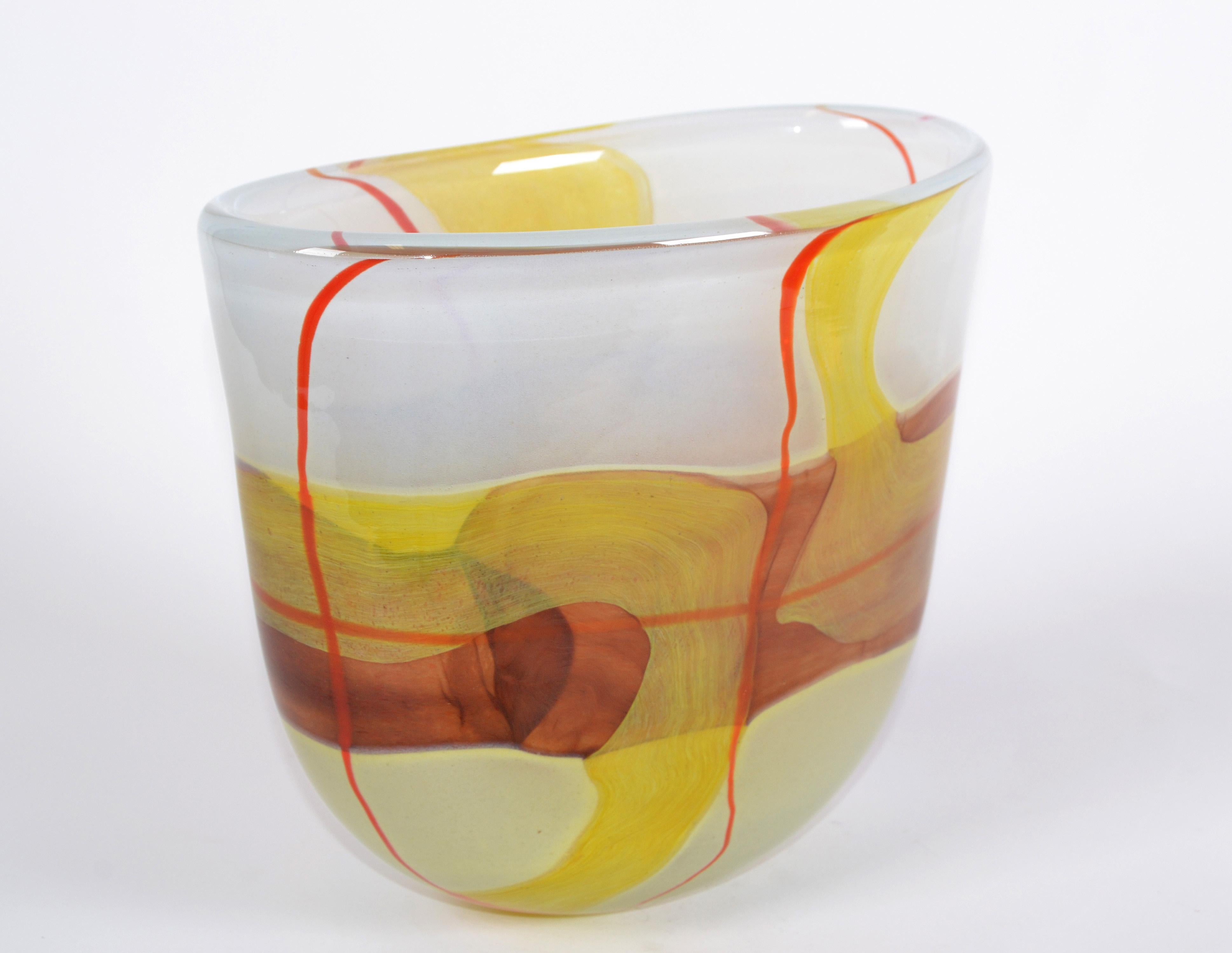 Italian Mid-Century Modern Striking Mustard Yellow & Red Blown Murano Glass Vase In Good Condition In Miami, FL