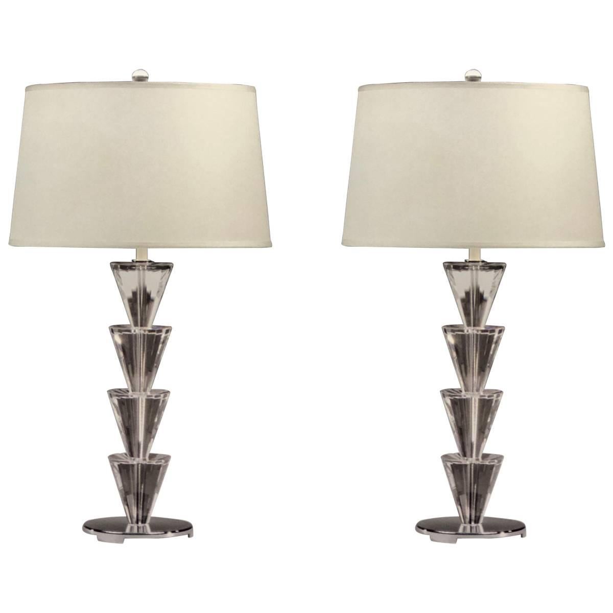 Italian Mid-Century Modern Style Crystal 
Silver Table Lamps Fontana Arte, Pair