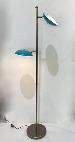 Italian Mid Century Modern Style Sea Blue Lacquer Adjustable Bronzed Floor Lamp