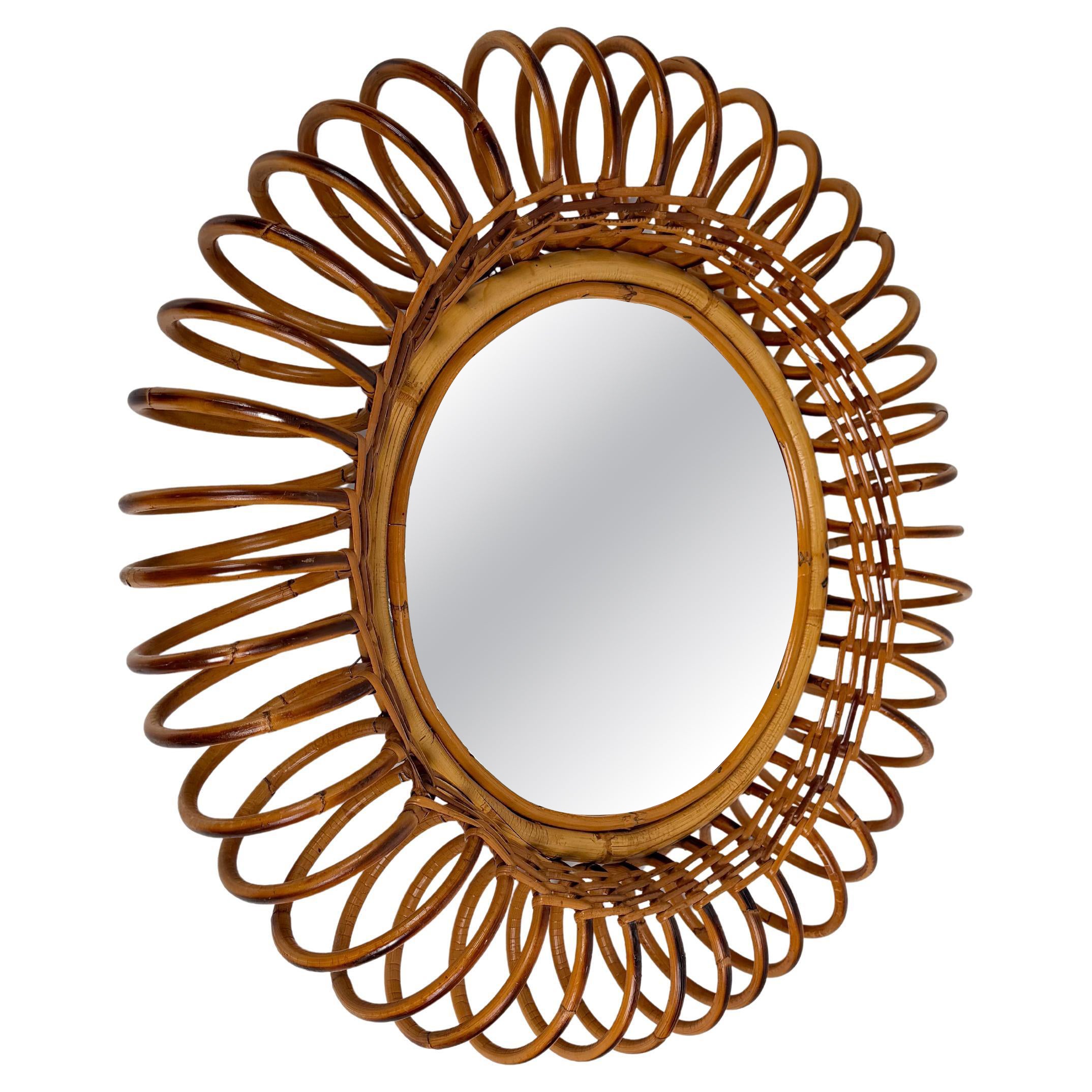 Miroir ensoleillé en rotin, bambou et canne, Italie, milieu du siècle dernier, années 1960