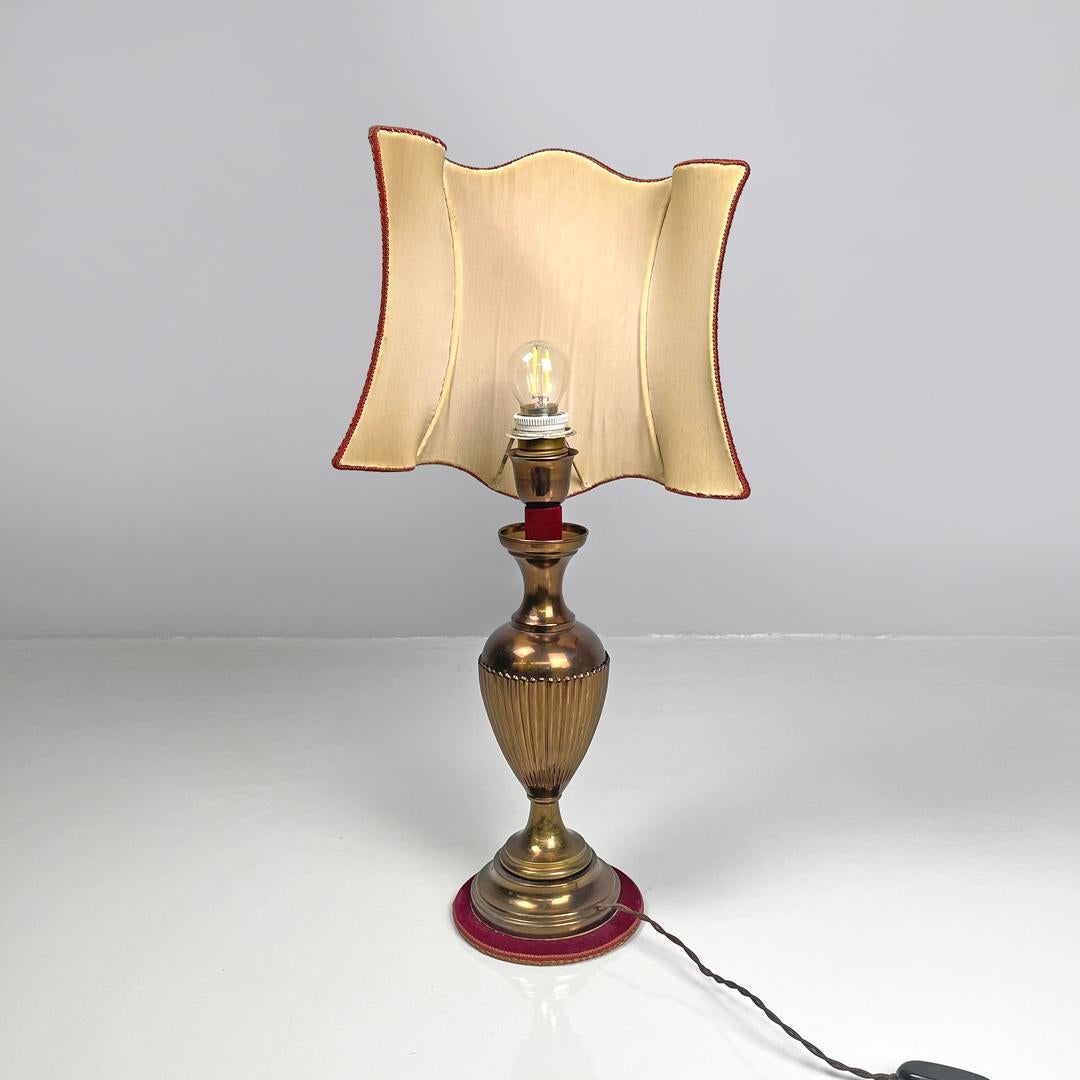 Metal Italian mid-century modern table lamp red fabric shade with decorations, 1950s For Sale