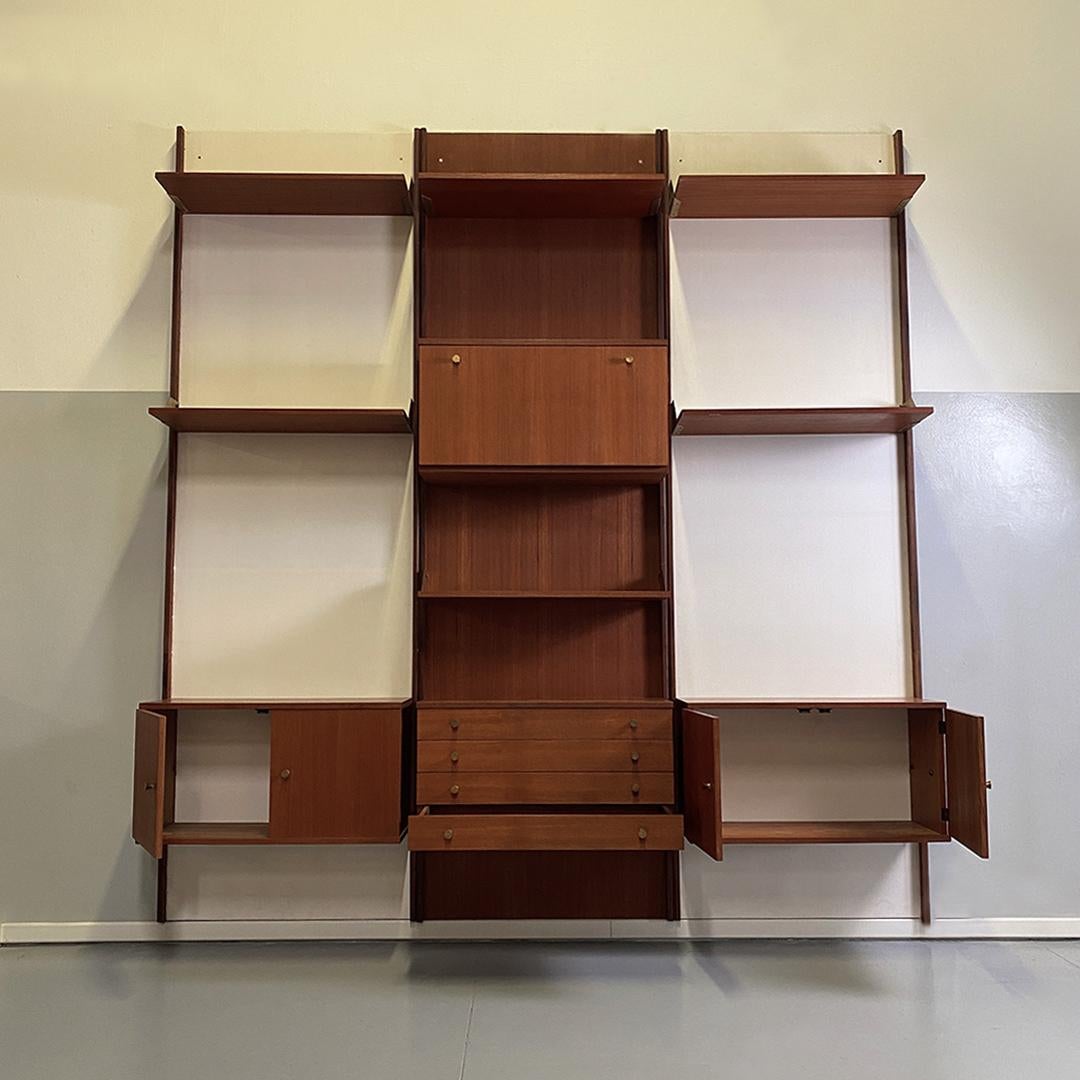 Mid-20th Century Italian Mid-Century Modern Teak and Brass Modular Wall Bookcase, 1960s For Sale