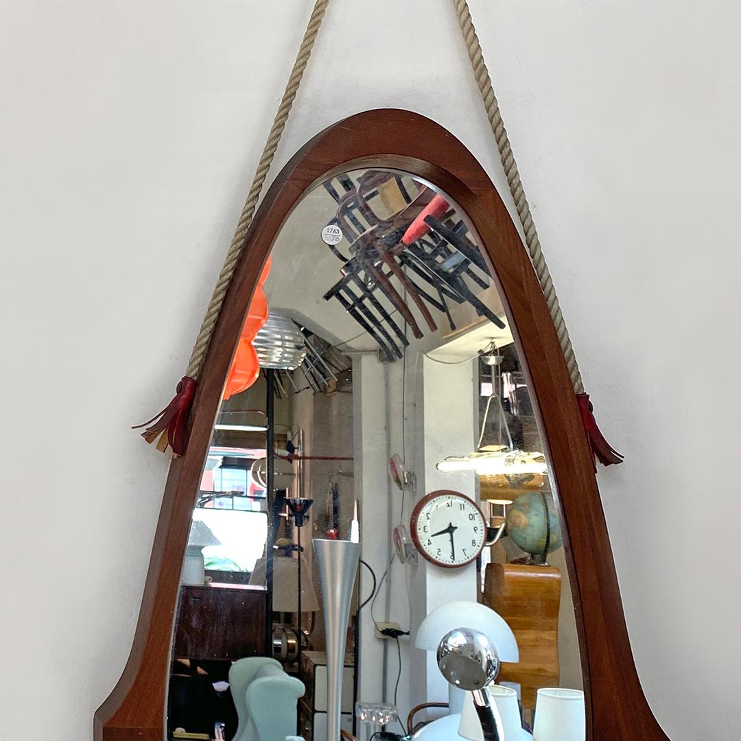 Italian Mid-Century Modern Teak Oval Mirror with Original Rope, 1960s 3