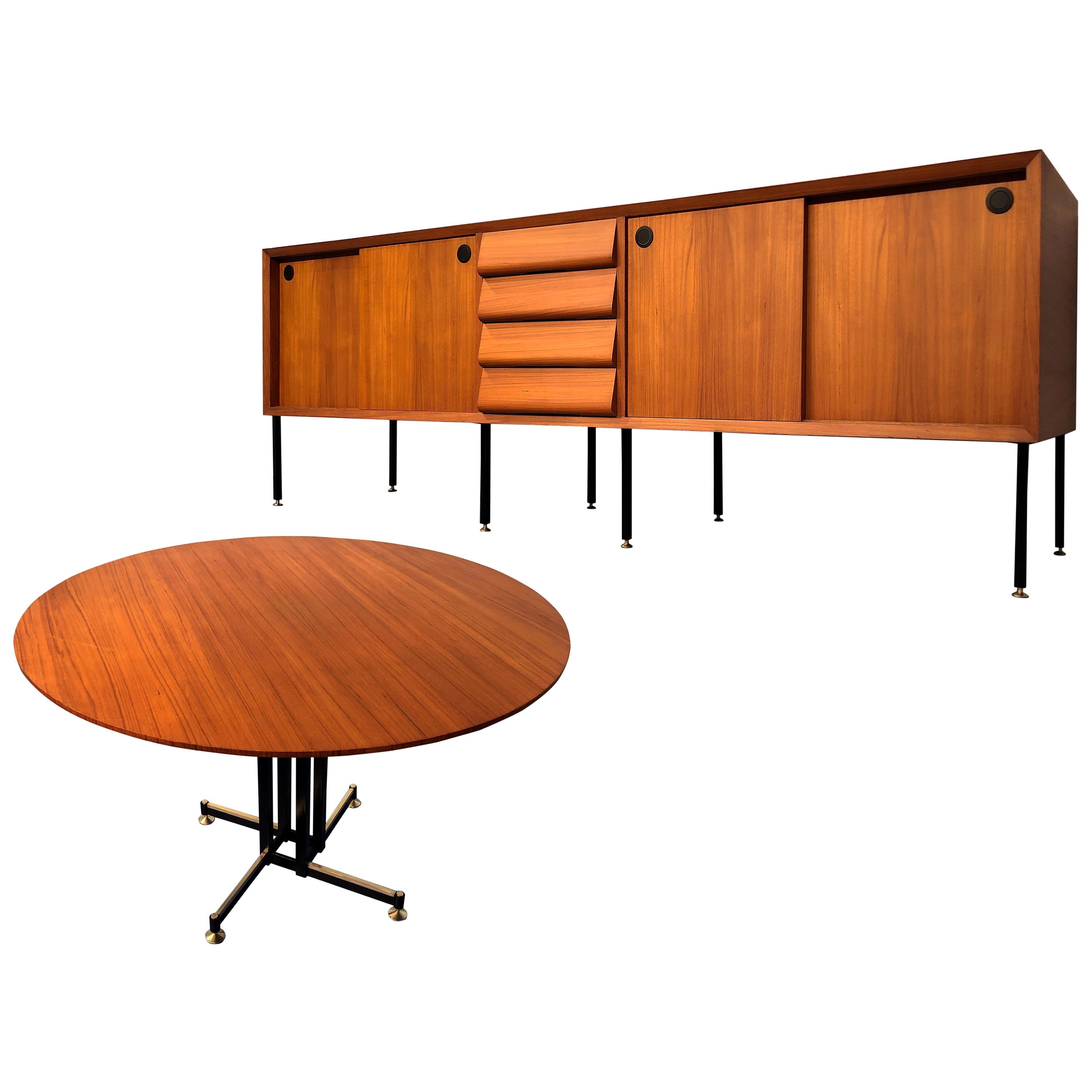Italian Mid-Century Modern Teak Set with Sideboard, Table, Chairs, 1960s