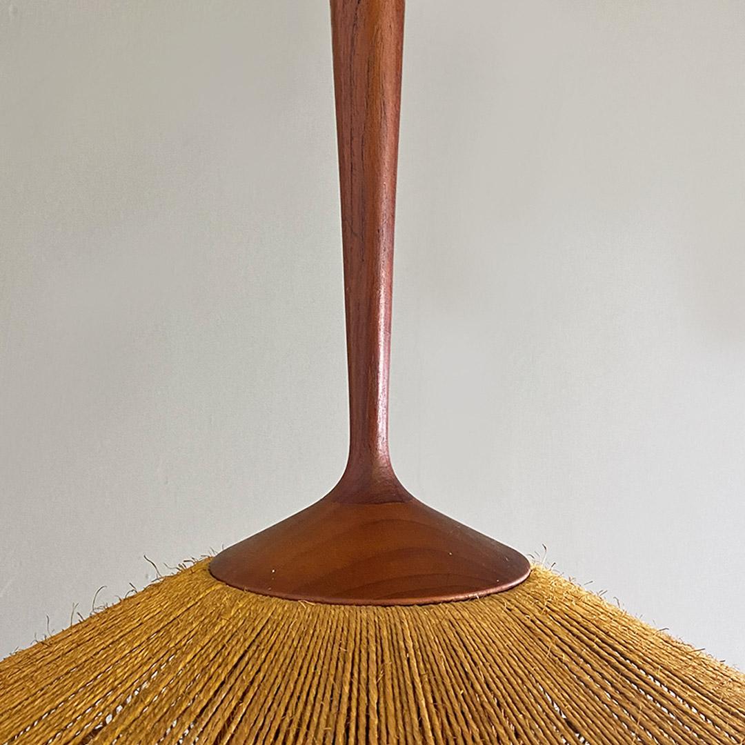 Italian mid century modern teak wood and woven rope chandelier, 1960s 5