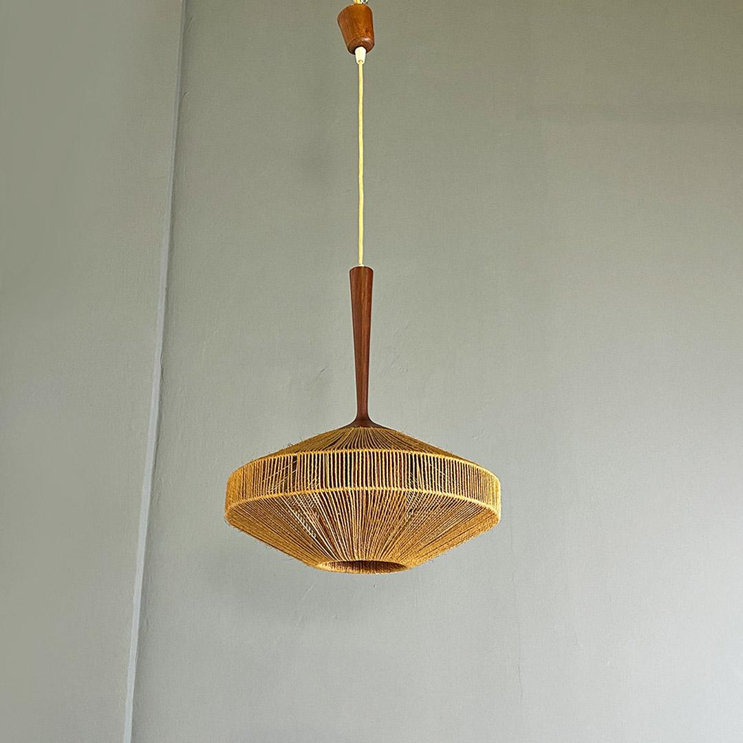 Mid-Century Modern Italian mid century modern teak wood and woven rope chandelier, 1960s
