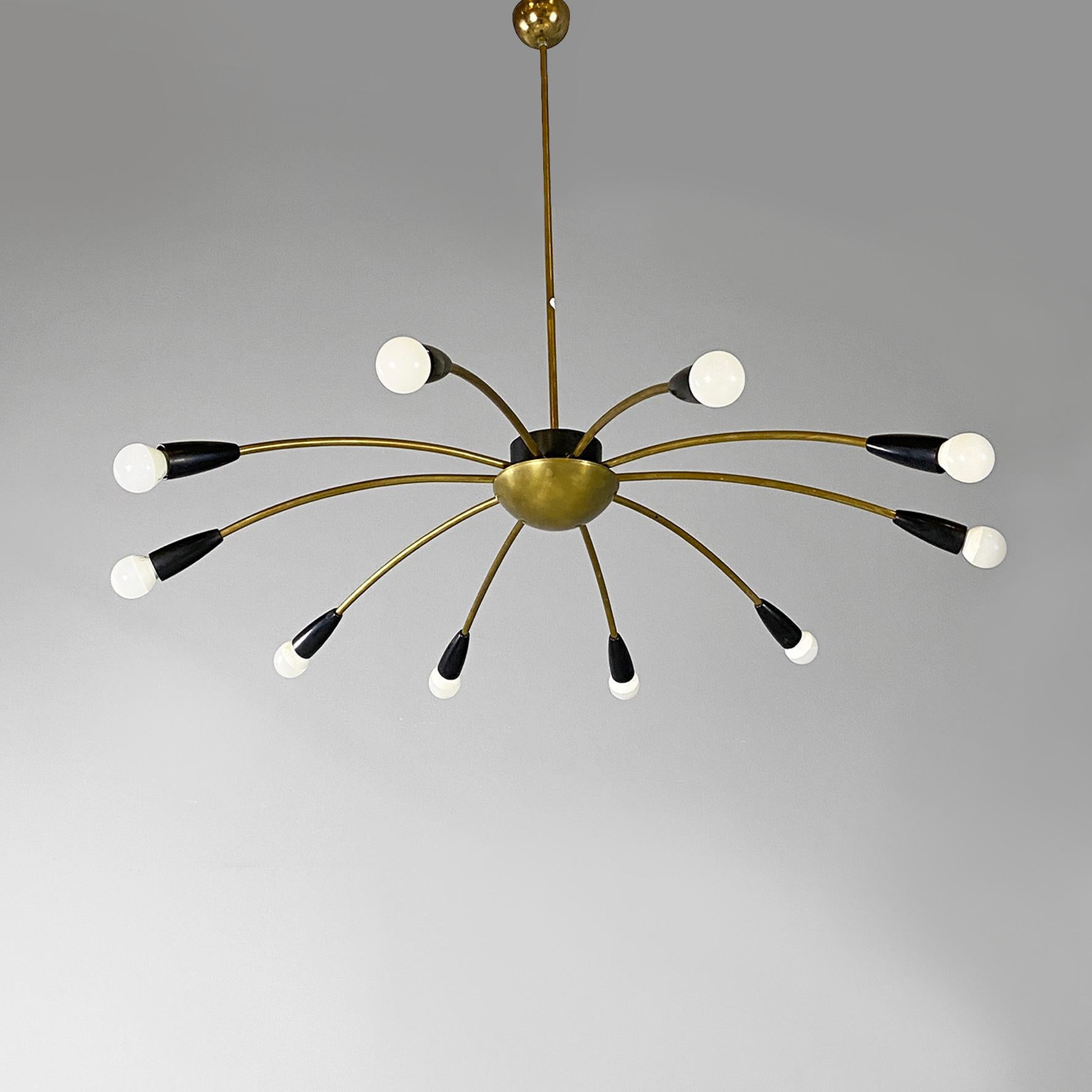 Araña Sputnik italiana de latón de diez luces, moderna de mediados de siglo, años 50 en venta 5