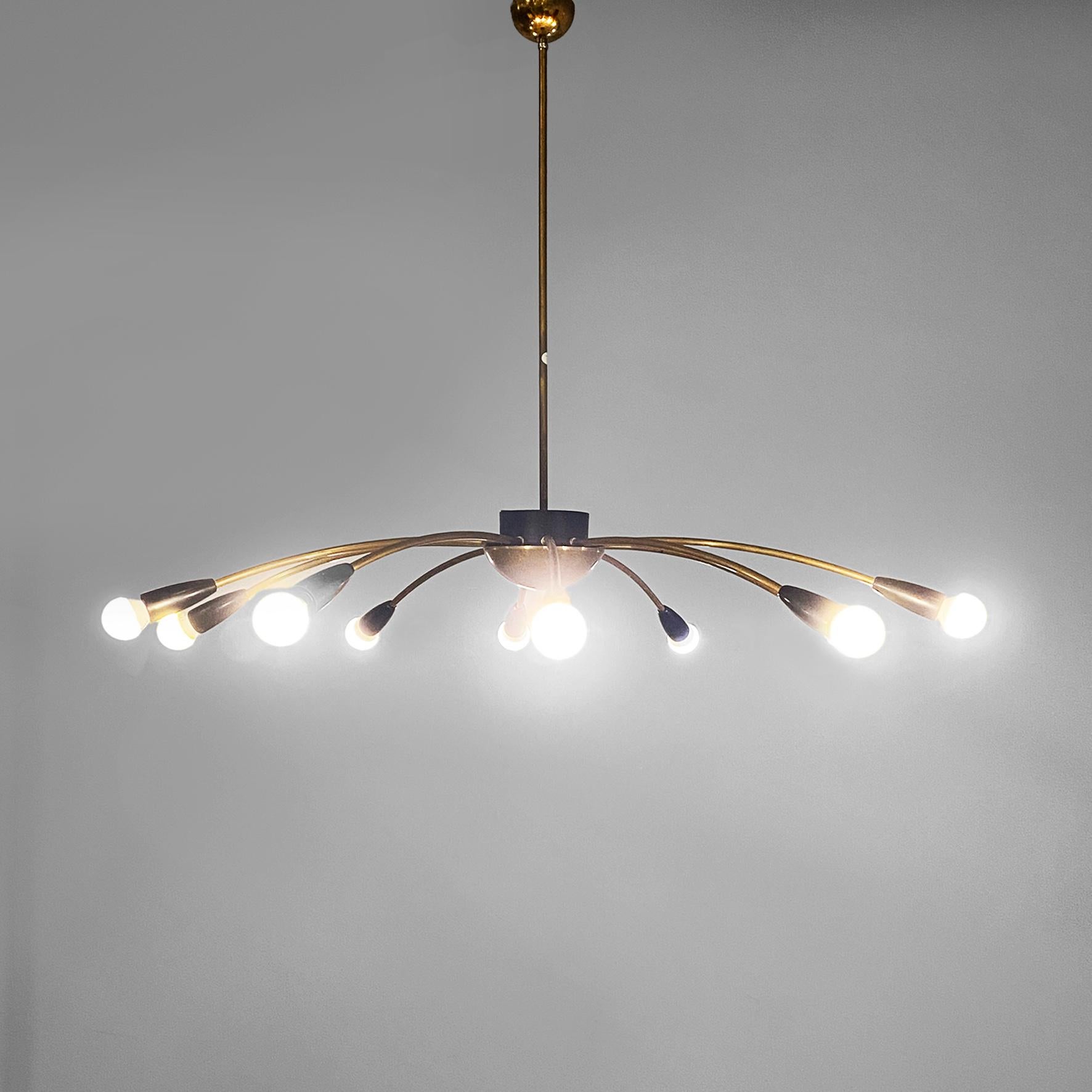 Araña Sputnik italiana de latón de diez luces, moderna de mediados de siglo, años 50 en venta 9